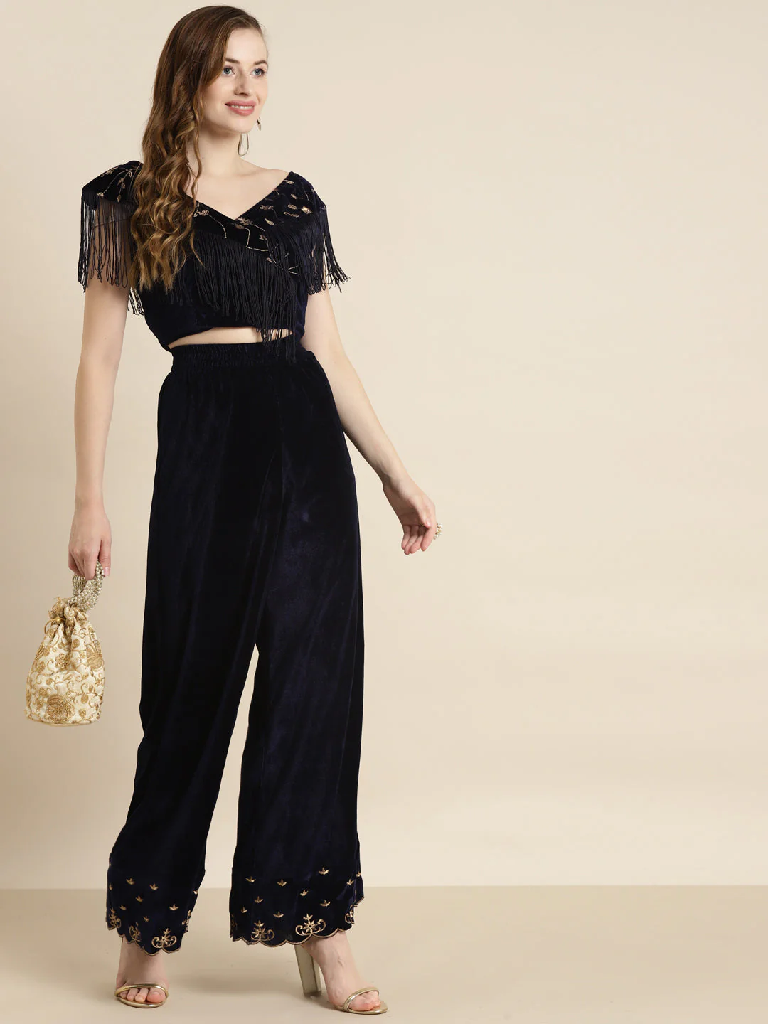 Navy Velvet Embroidered Flared Pants - Image 4