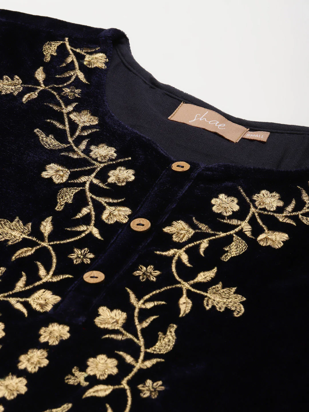 Navy Velvet Floral Zari Embroidery Kurta - Image 2