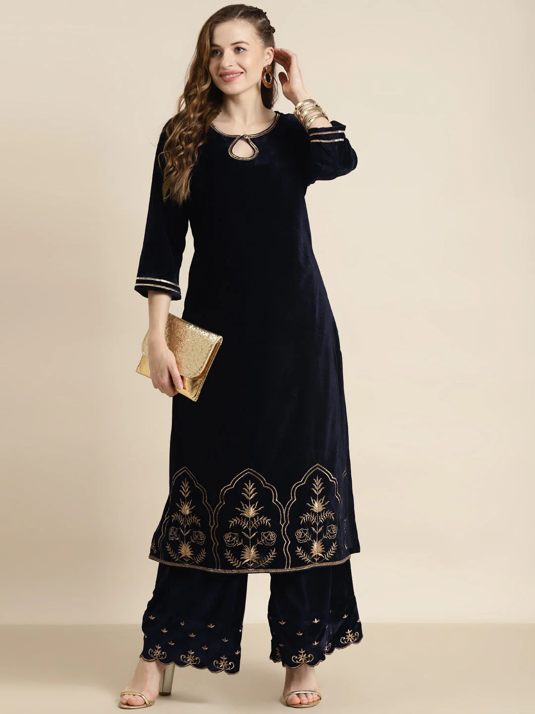 Navy Velvet Hem Zari Embroidered Kurta - Image 5