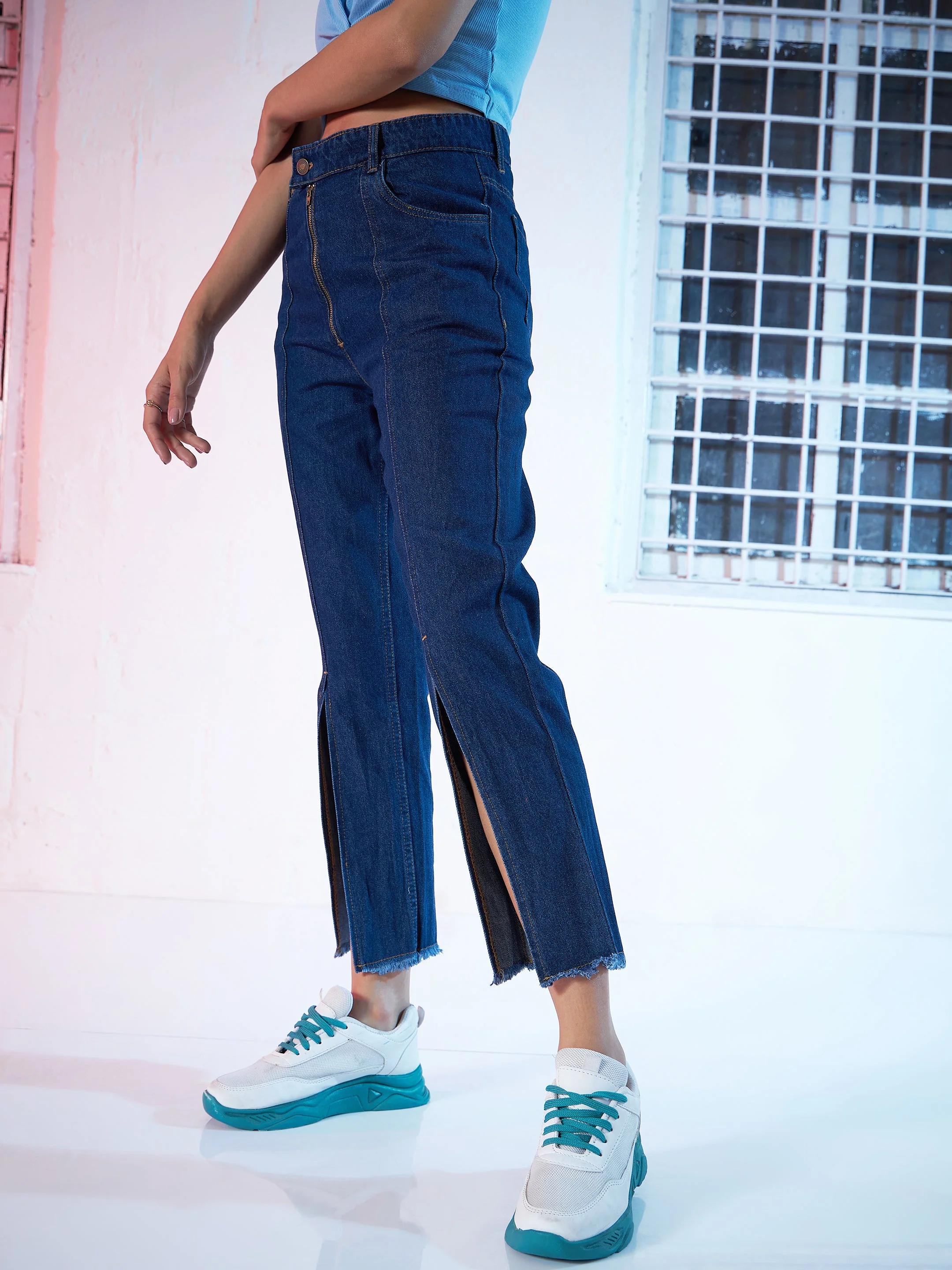 Navy Zipper Fly Mom Jeans - Image 3