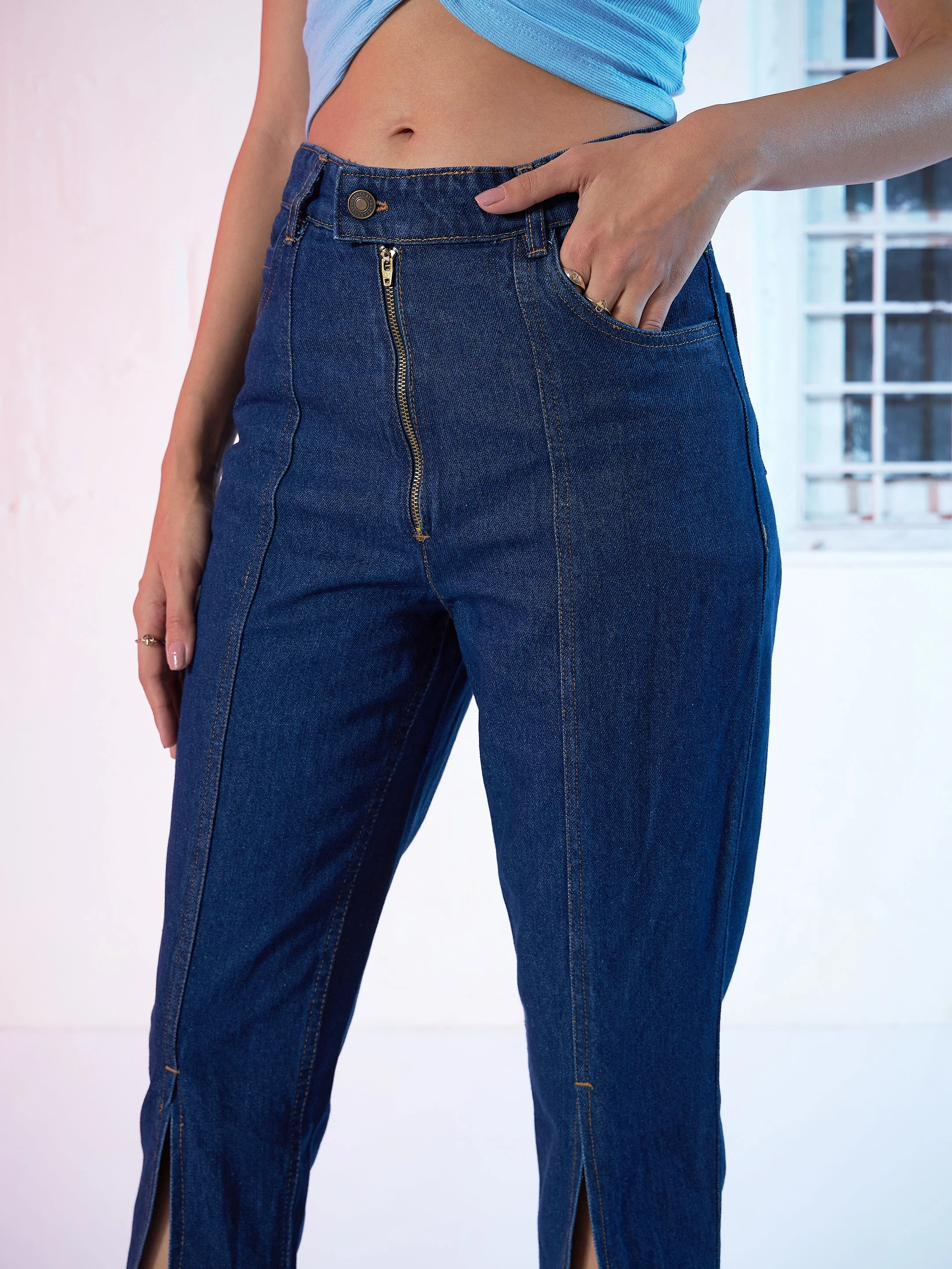 Navy Zipper Fly Mom Jeans - Image 4