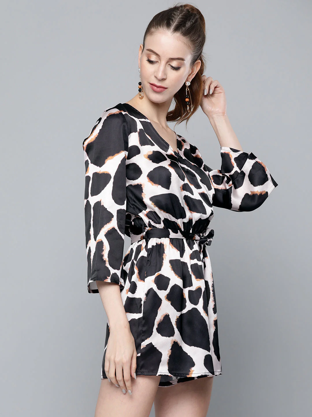 Women Nude Animal Print Satin Romper - Image 2