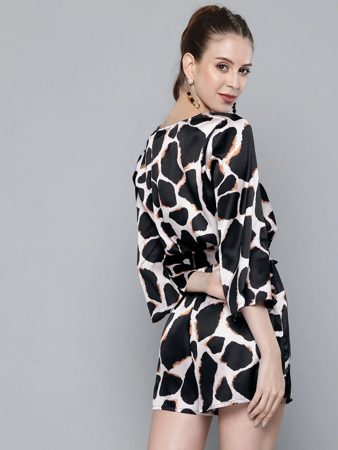 Women Nude Animal Print Satin Romper - Image 3