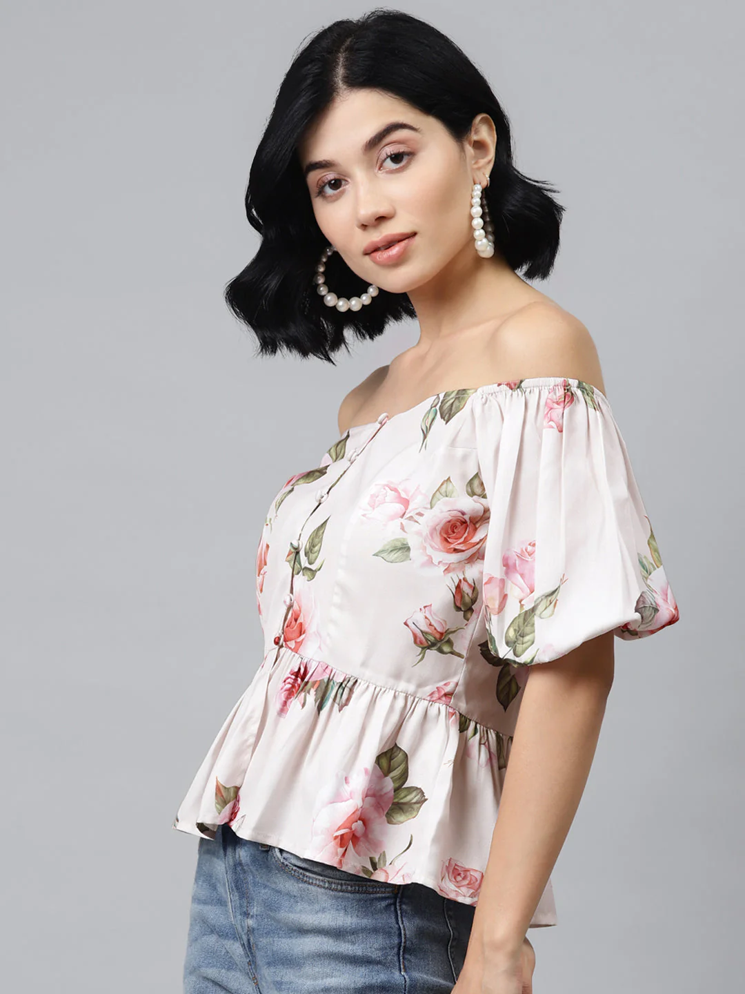 Nude Floral Front Button Peplum Top - Image 2
