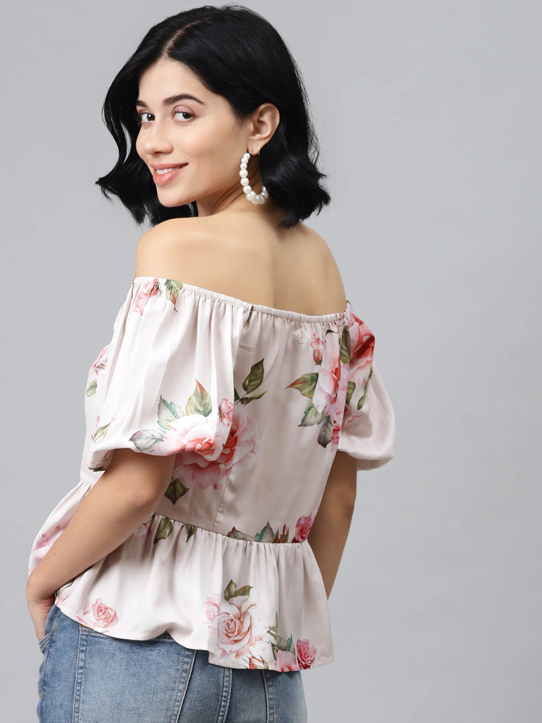 Nude Floral Front Button Peplum Top - Image 3