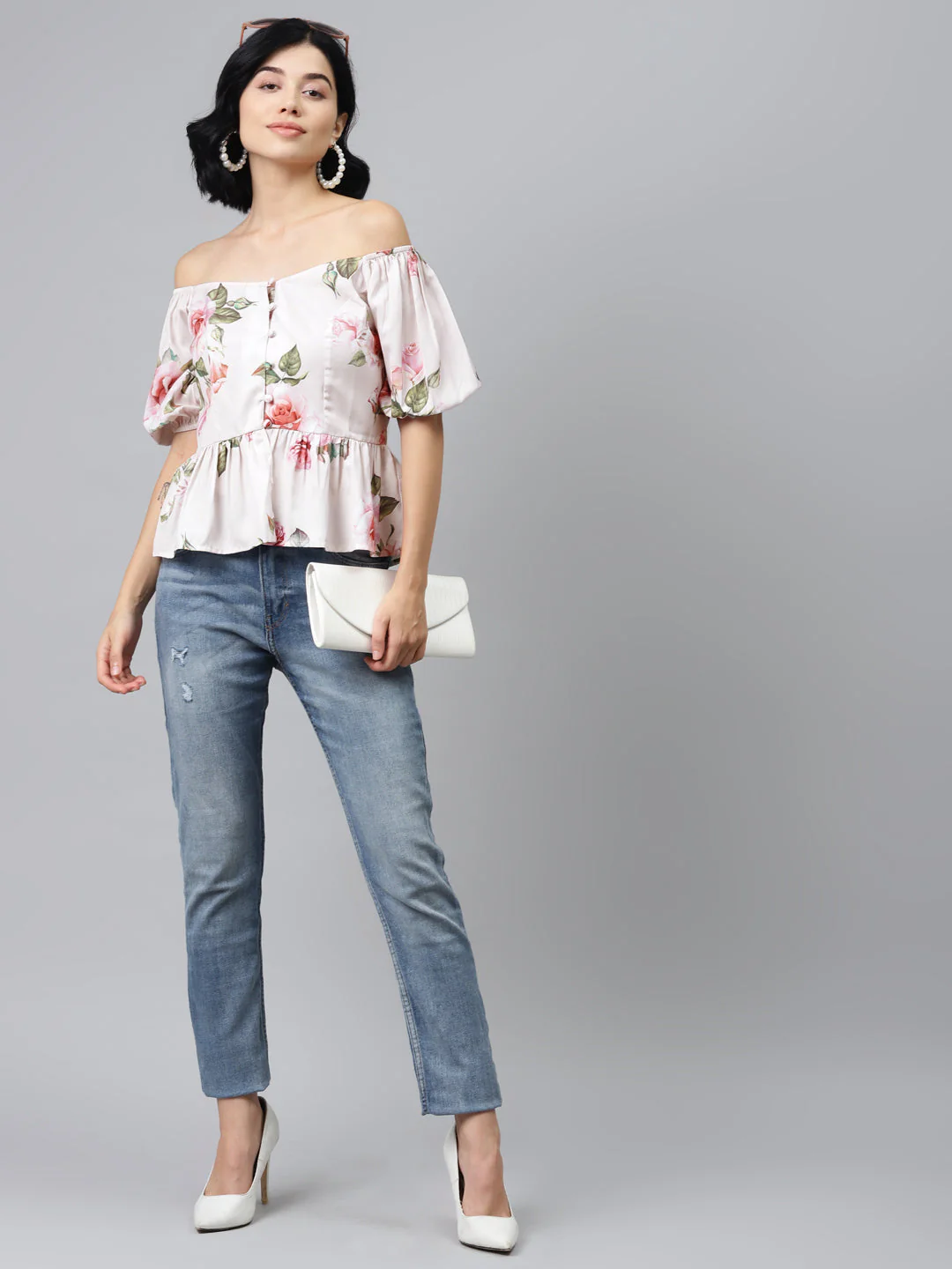 Nude Floral Front Button Peplum Top - Image 4