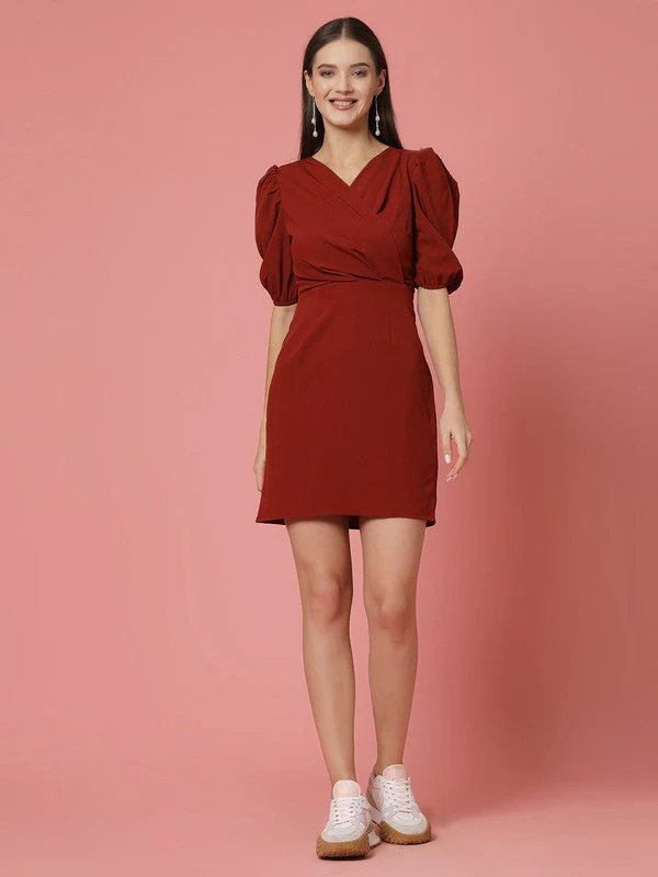 Women Rust Odour Free V Neck Wrap Dress