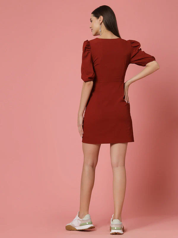 Women Rust Odour Free V Neck Wrap Dress - Image 3
