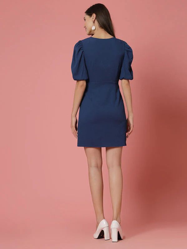Women Blue Odour Free V Neck Wrap Dress - Image 3