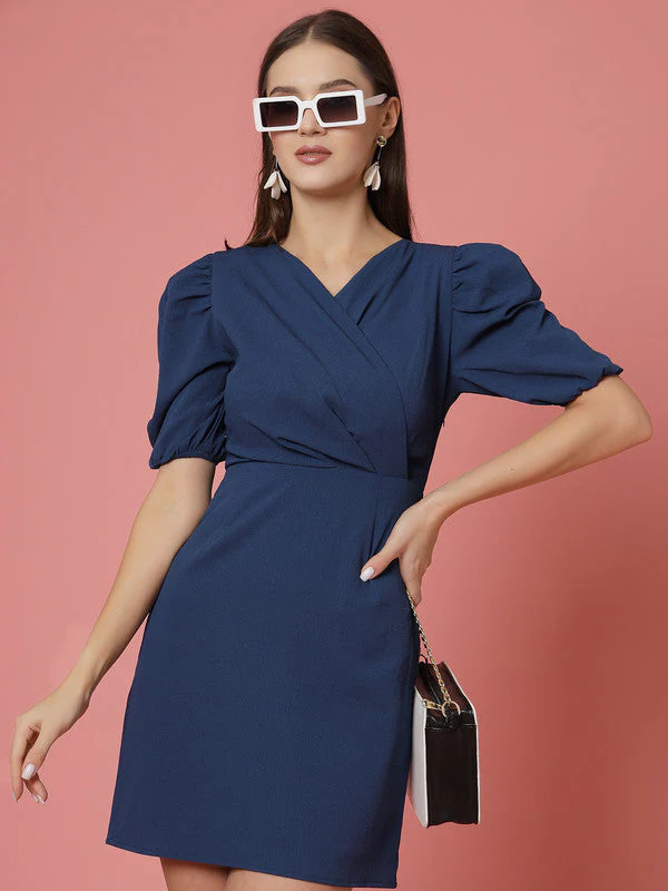 Women Blue Odour Free V Neck Wrap Dress - Image 7