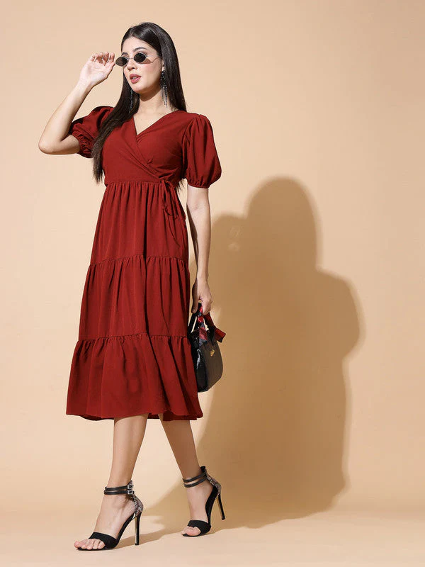 Women Rust Odour Control V Neck Midi Dress - Image 5