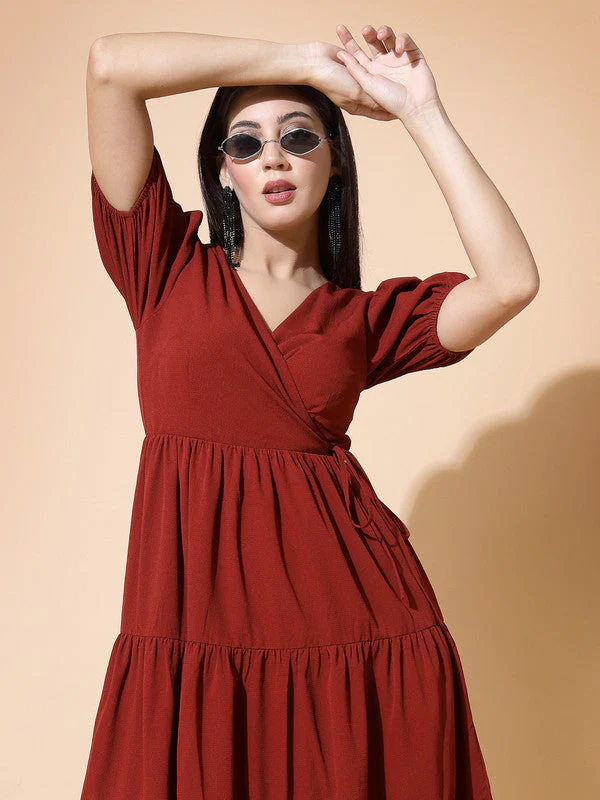 Women Rust Odour Control V Neck Midi Dress - Image 6