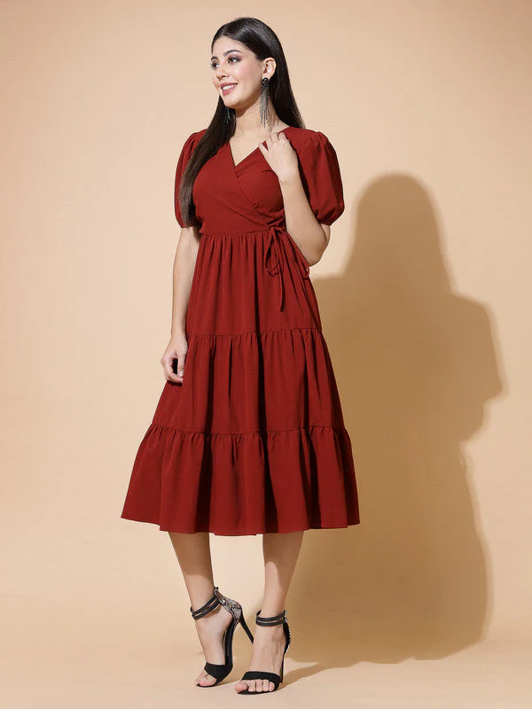 Women Rust Odour Control V Neck Midi Dress - Image 7