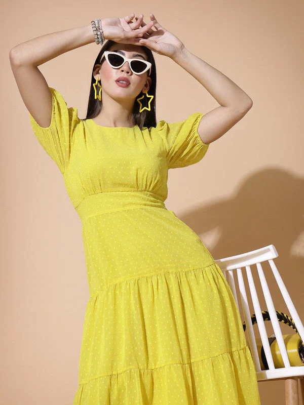Women Round Neck Puff Sleeve Dress - Image 2