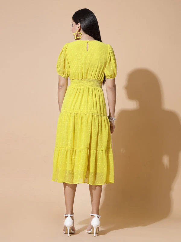 Women Round Neck Puff Sleeve Dress - Image 3