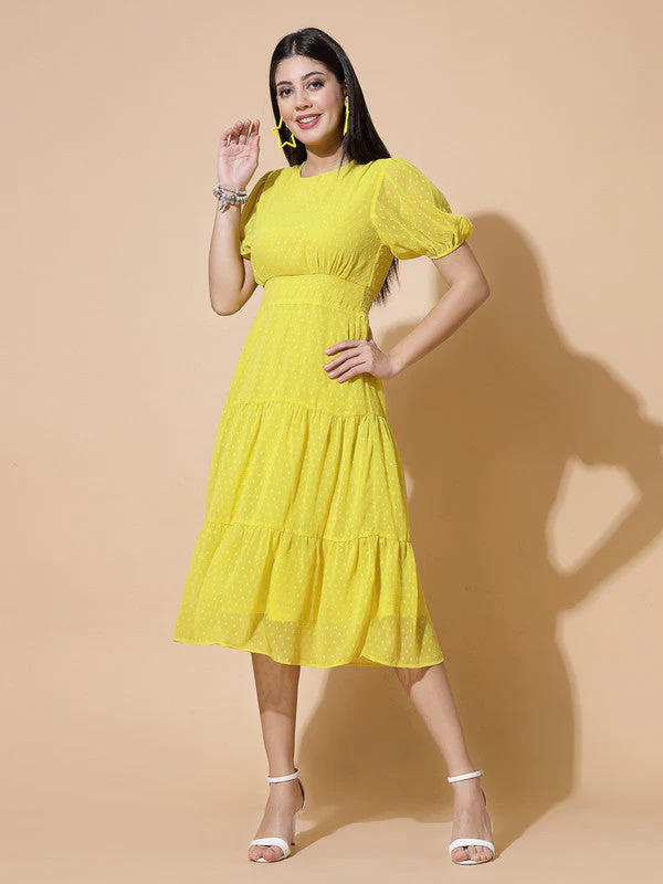 Women Round Neck Puff Sleeve Dress - Image 4