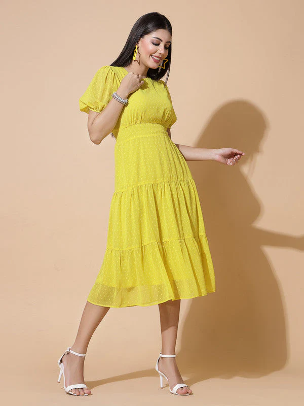 Women Round Neck Puff Sleeve Dress - Image 5