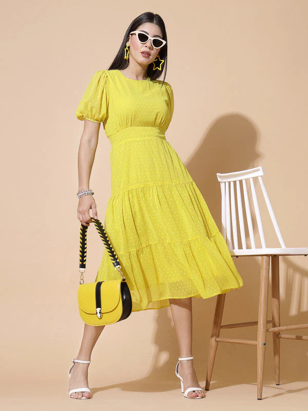 Women Round Neck Puff Sleeve Dress - Image 7