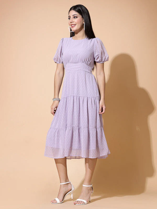 Women Round Neck Puff Sleeve Dress - Image 2