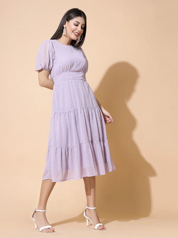 Women Round Neck Puff Sleeve Dress - Image 3