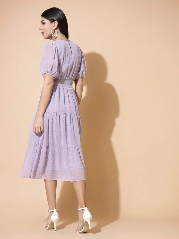 Women Round Neck Puff Sleeve Dress - Image 5