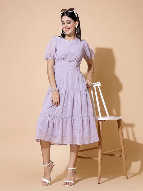 Women Round Neck Puff Sleeve Dress - Image 6