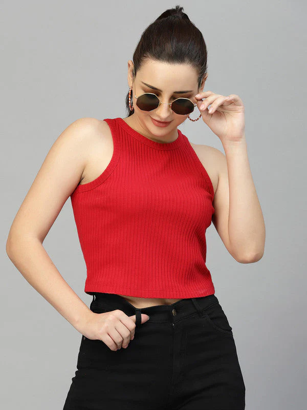 Women Sleeveless Round Neck Crop Top - Image 5