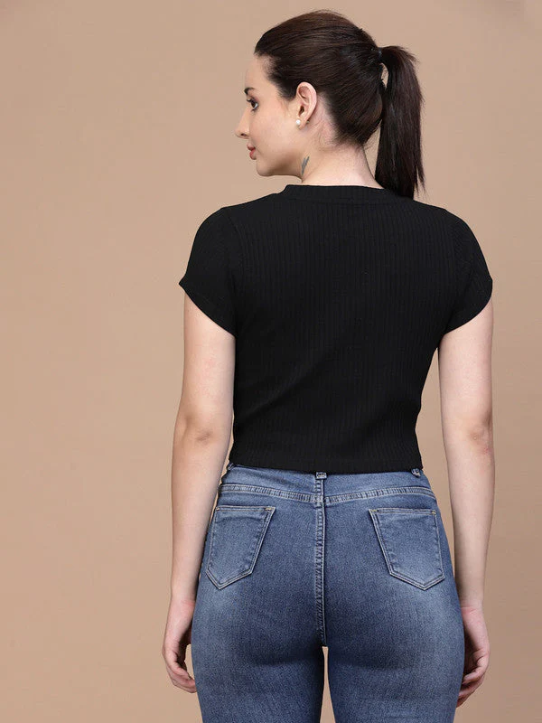 Women Round Neck Fitted Crop Top - Image 2