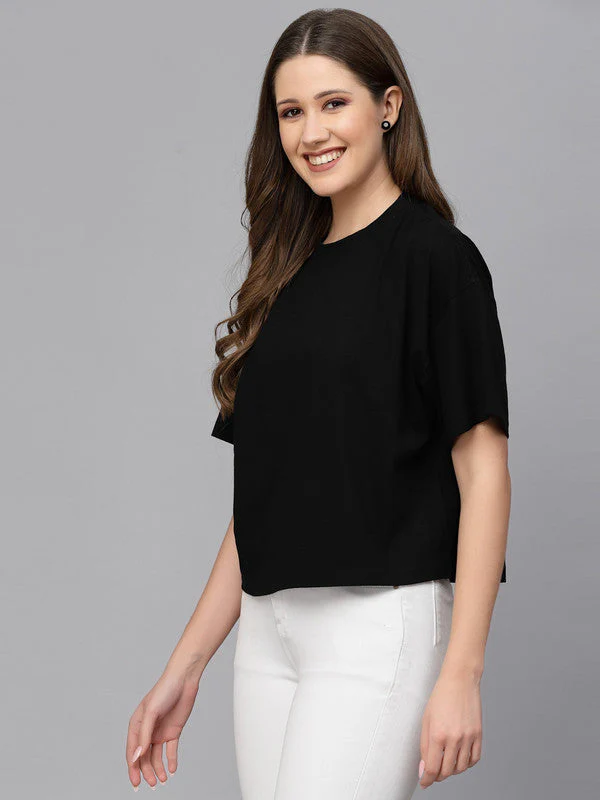 Women Black Anti Odour Boxy Fit Black T-shirt - Image 2