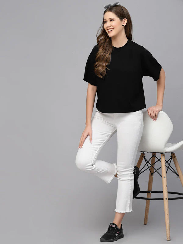 Women Black Anti Odour Boxy Fit Black T-shirt - Image 4