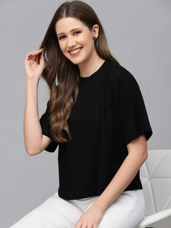 Women Black Anti Odour Boxy Fit Black T-shirt - Image 5