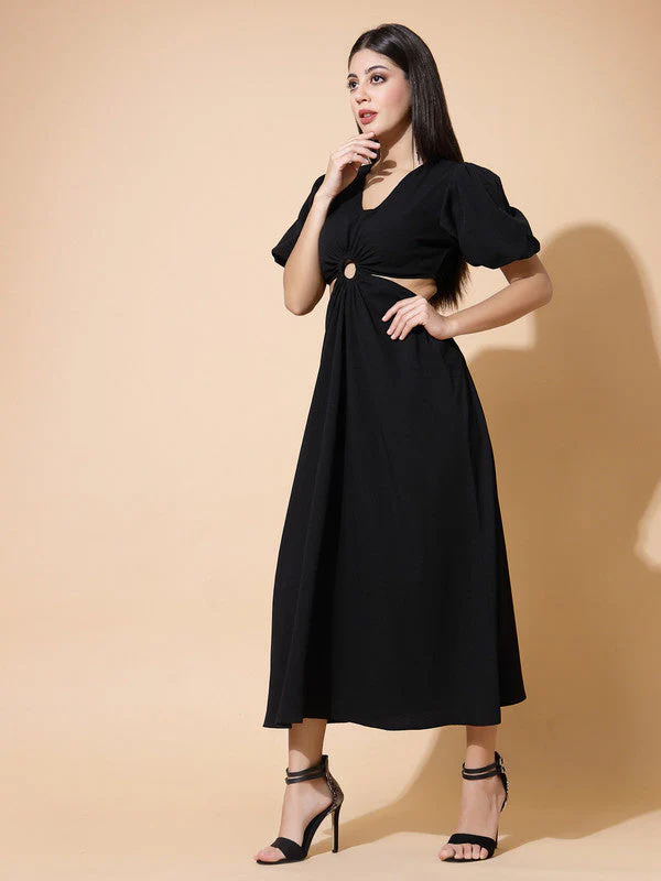 Women Black Odour Free V Neck Midi Dress - Image 2