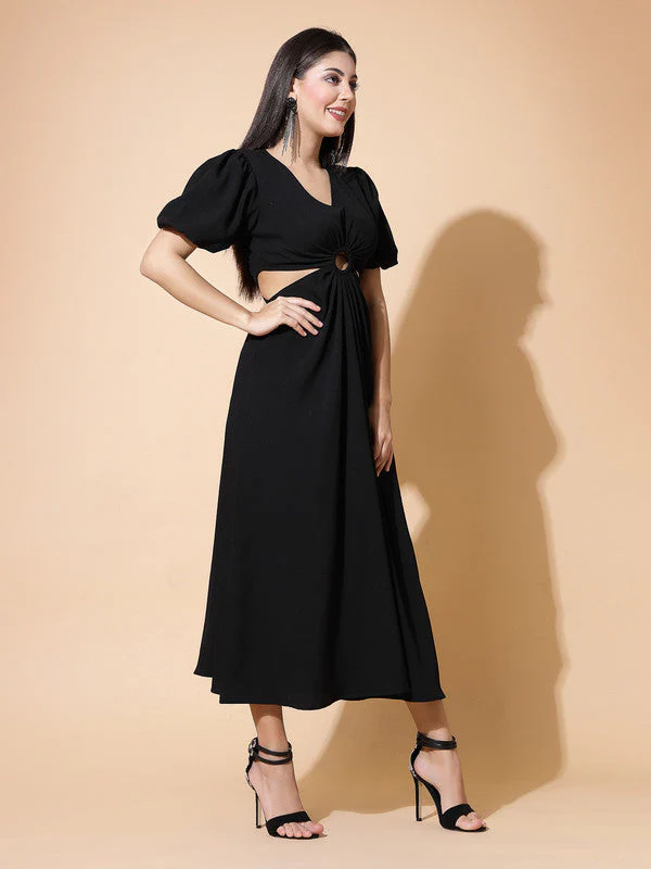 Women Black Odour Free V Neck Midi Dress - Image 3