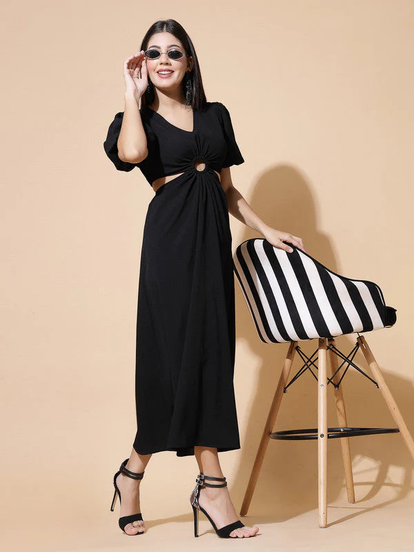 Women Black Odour Free V Neck Midi Dress - Image 5