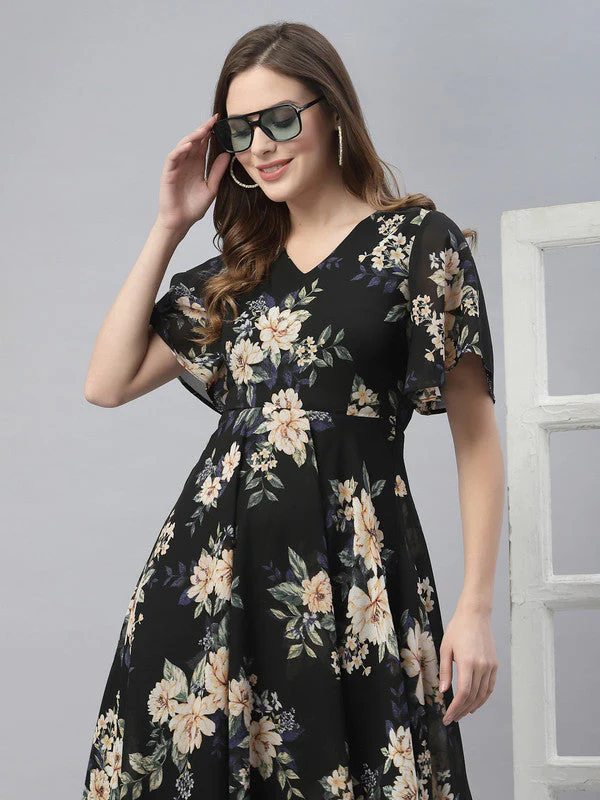 Women Black Floral Odour Free Midi Dress - Image 2