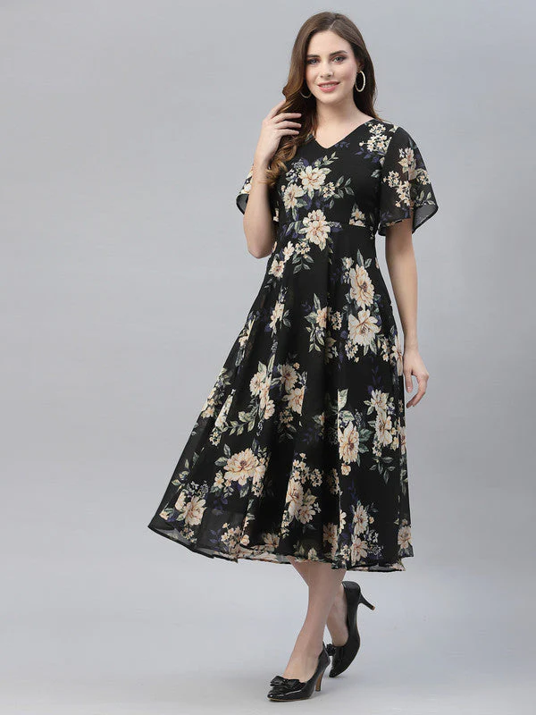 Women Black Floral Odour Free Midi Dress - Image 3