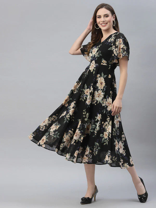 Women Black Floral Odour Free Midi Dress - Image 4