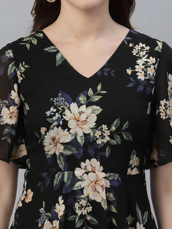 Women Black Floral Odour Free Midi Dress - Image 5