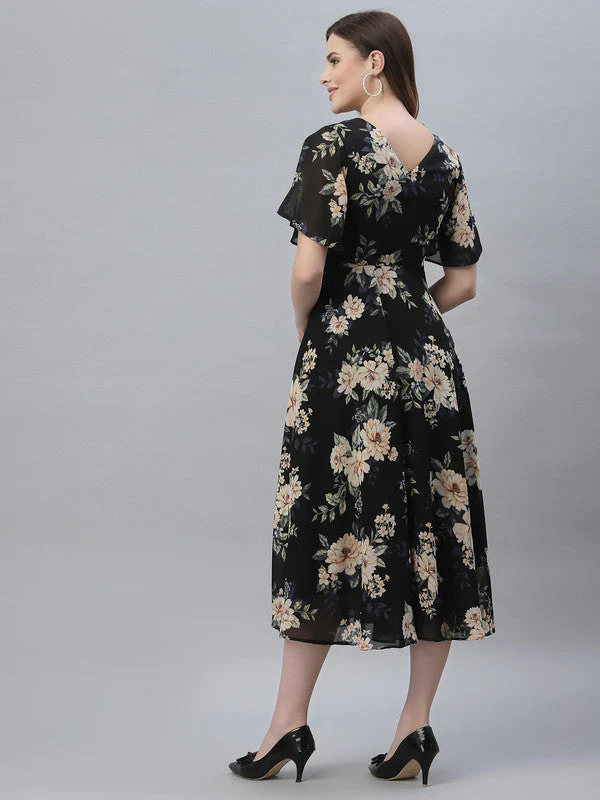 Women Black Floral Odour Free Midi Dress - Image 6
