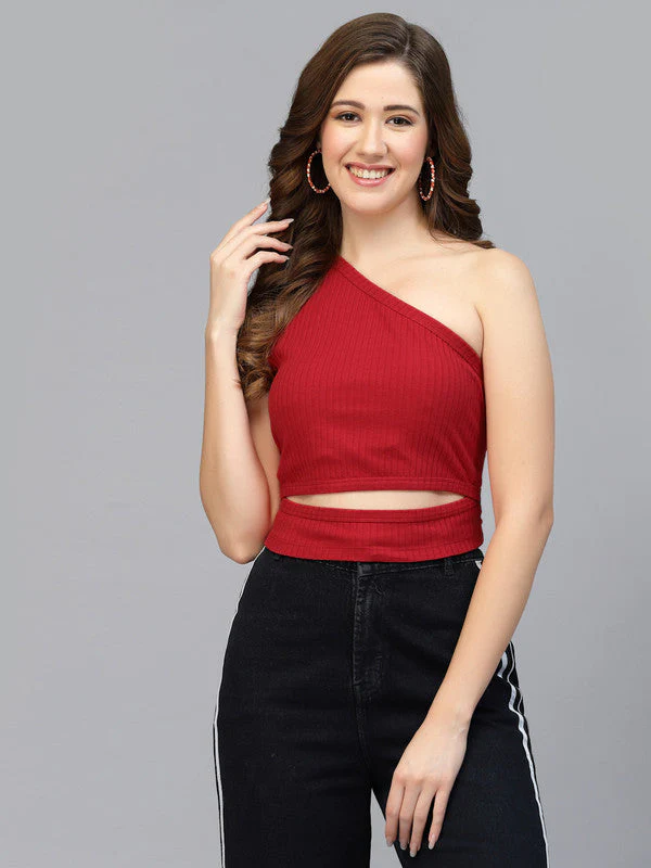 Women Red Odour Free One Shoulder Crop Top