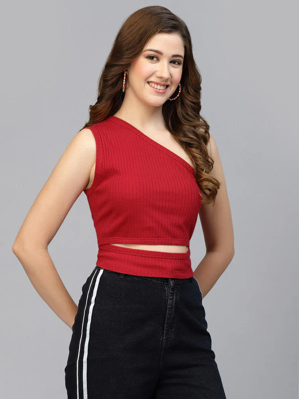Women Red Odour Free One Shoulder Crop Top - Image 2