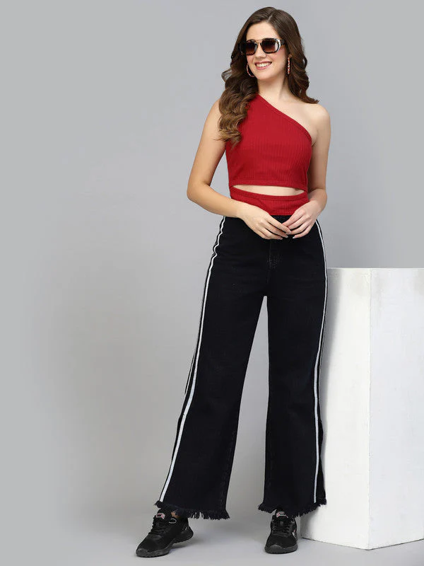 Women Red Odour Free One Shoulder Crop Top - Image 4