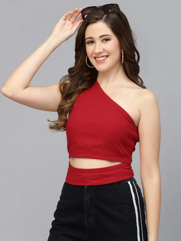 Women Red Odour Free One Shoulder Crop Top - Image 5