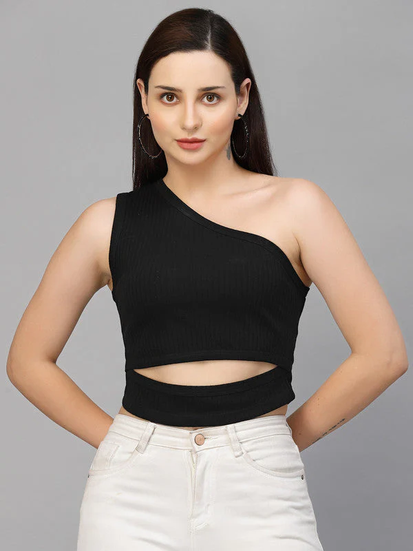 Women Black Odour Free One Shoulder Crop Top