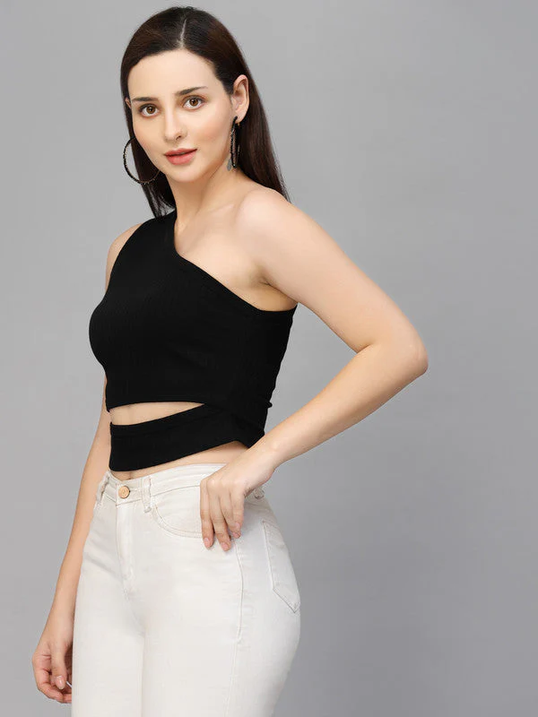 Women Black Odour Free One Shoulder Crop Top - Image 2