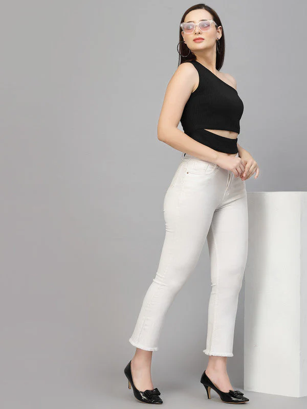 Women Black Odour Free One Shoulder Crop Top - Image 4