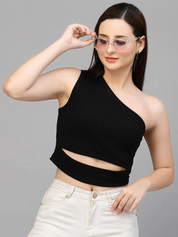 Women Black Odour Free One Shoulder Crop Top - Image 5