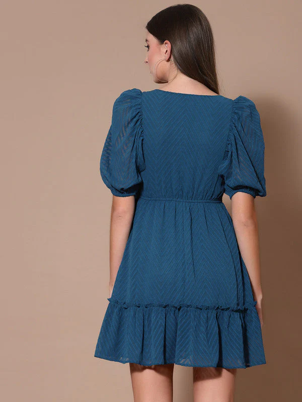 Women Teal Odour Free Round Neck Mini Dress - Image 2