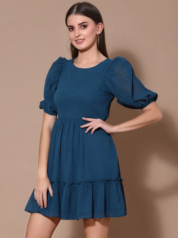 Women Teal Odour Free Round Neck Mini Dress - Image 3