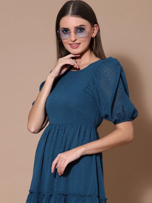 Women Teal Odour Free Round Neck Mini Dress - Image 5